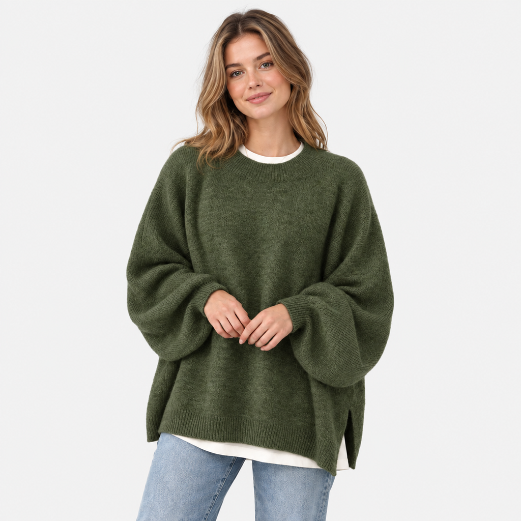 Women's Crew Neck Sweater - Balloon Sleeve Loose Fit