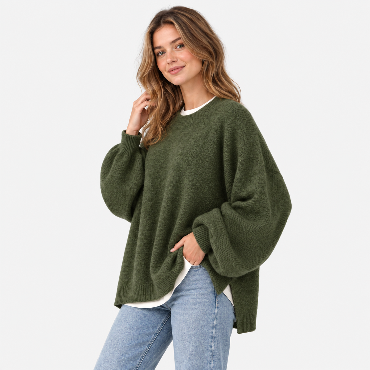 Women's Crew Neck Sweater - Balloon Sleeve Loose Fit