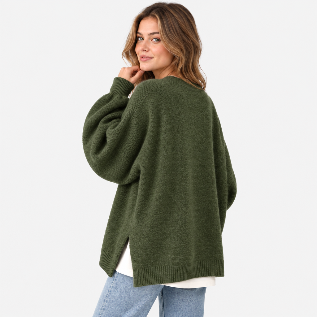 Women's Crew Neck Sweater - Balloon Sleeve Loose Fit