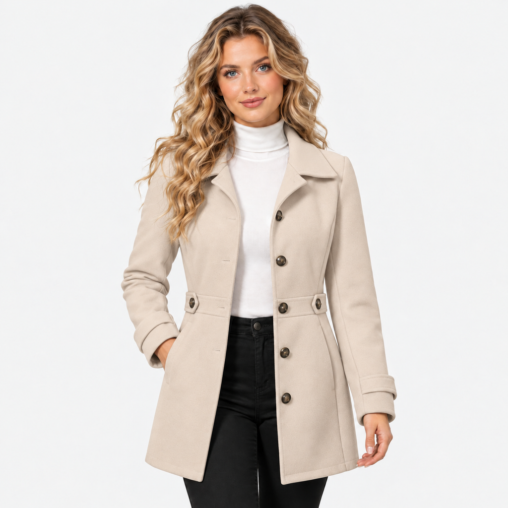 Women's Mid-Length Coat with Lapel Collar and Button Front
