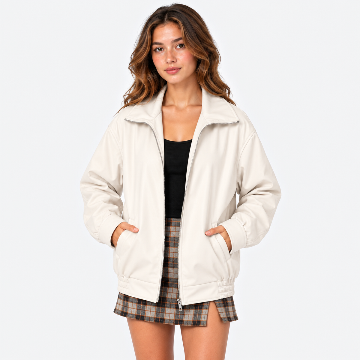 Women's Motorcycle Jacket - Faux Leather with Pockets