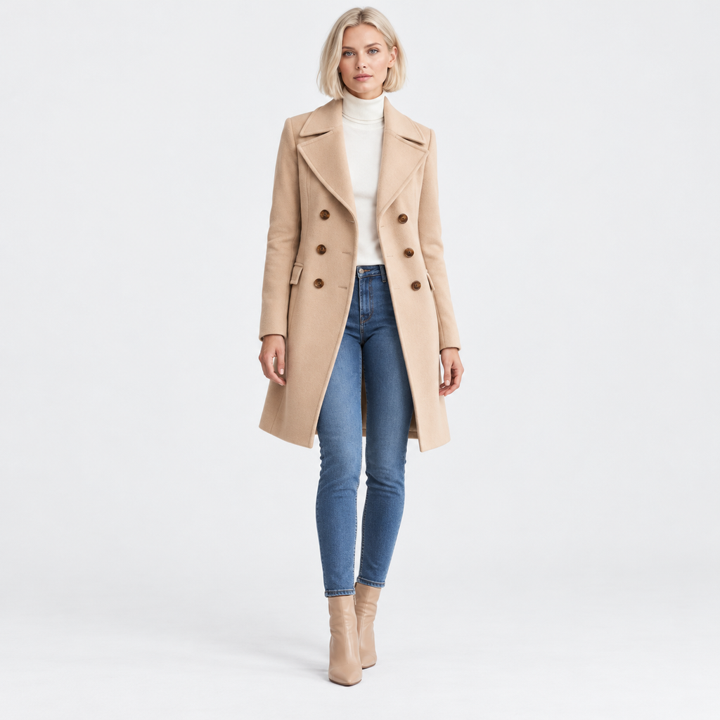 Women's Classic Mid-Length Wool Coat with Slim Fit