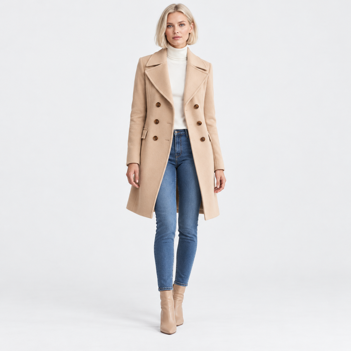 Women's Classic Mid-Length Wool Coat with Slim Fit