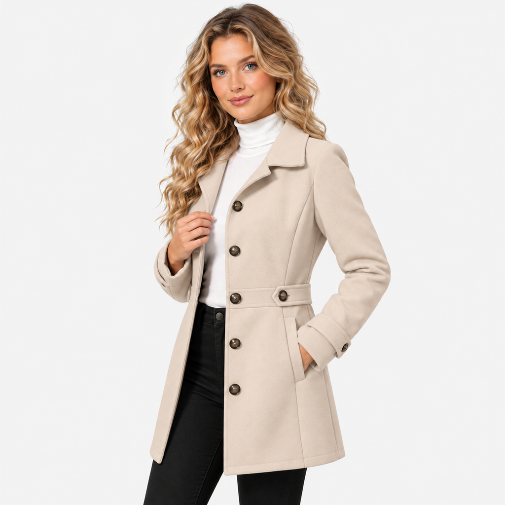Women's Mid-Length Coat with Lapel Collar and Button Front