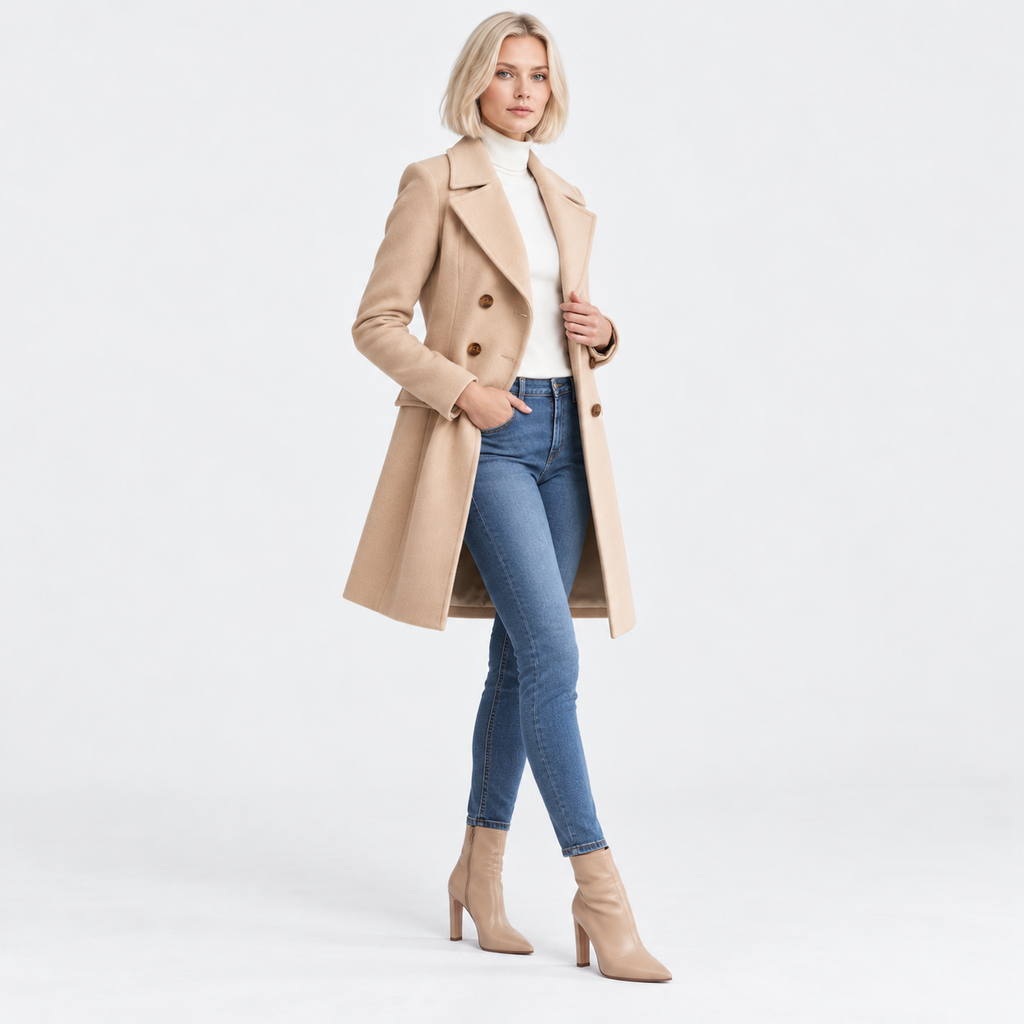 Women's Classic Mid-Length Wool Coat with Slim Fit