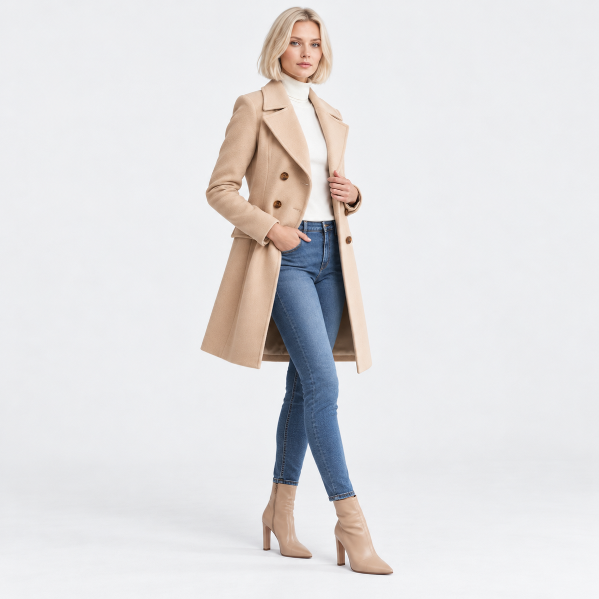Women's Classic Mid-Length Wool Coat with Slim Fit