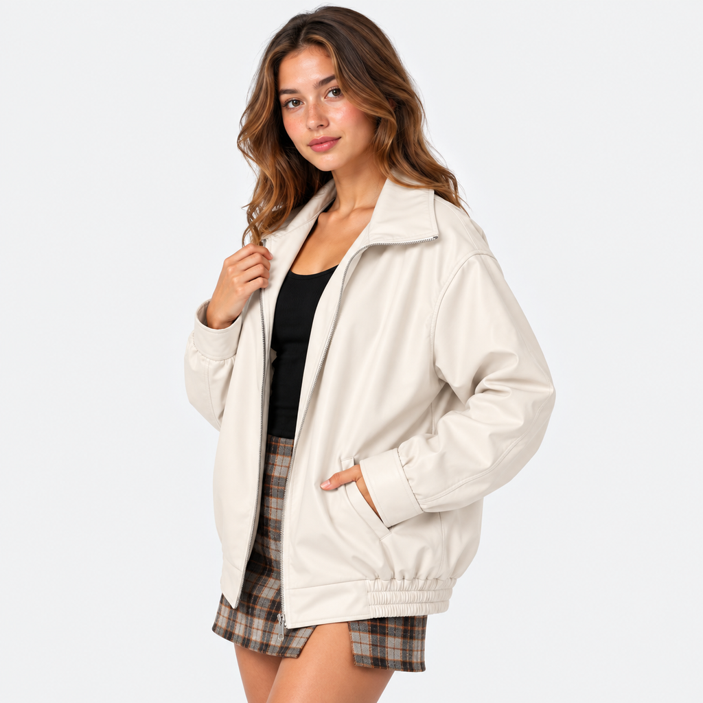 Women's Motorcycle Jacket - Faux Leather with Pockets