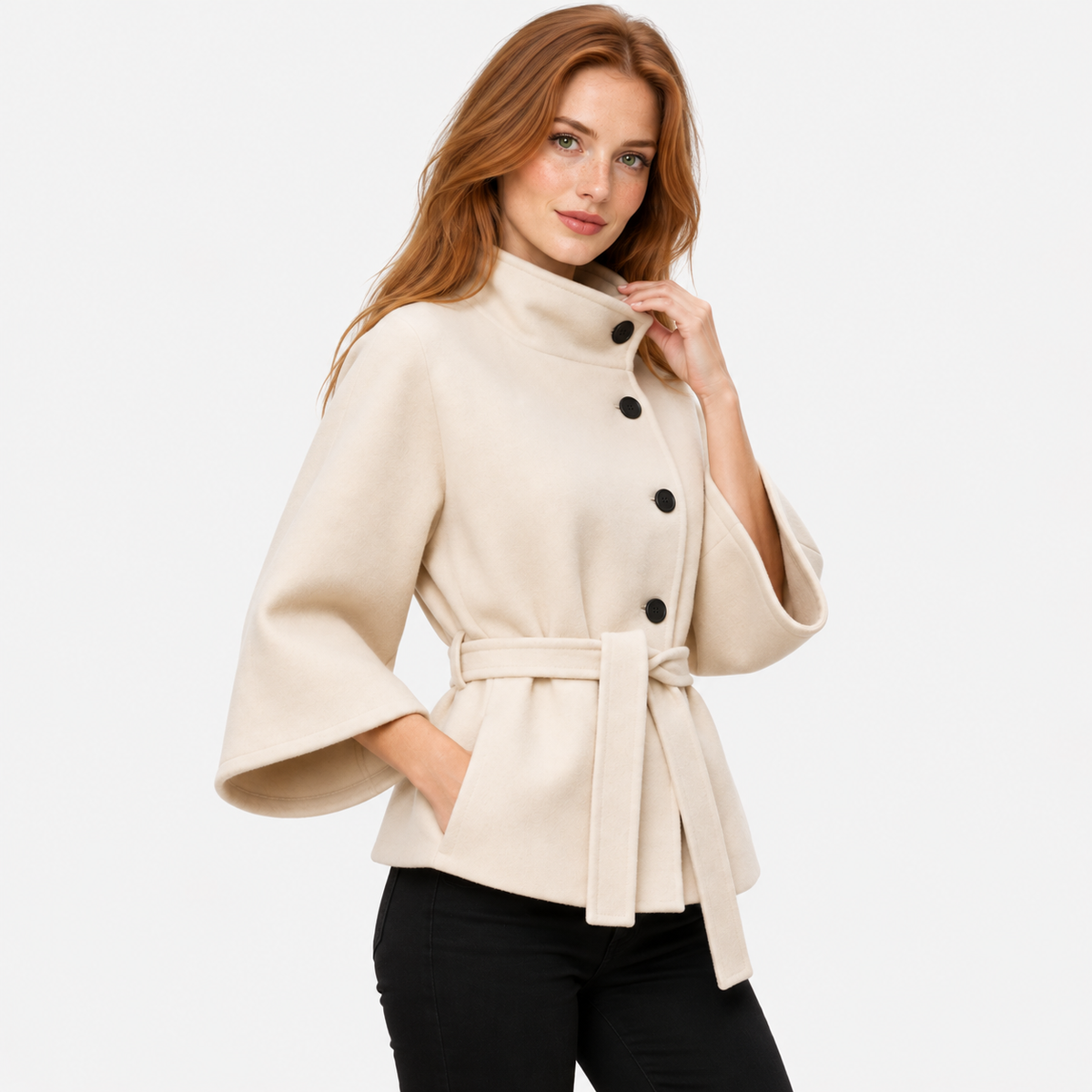 Women's Mandarin Collar Coat with Asymmetric Button Closure