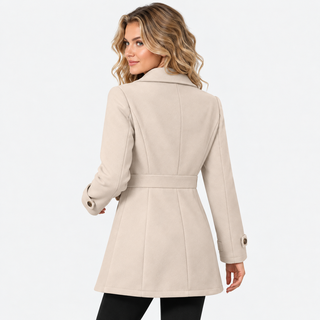Women's Mid-Length Coat with Lapel Collar and Button Front
