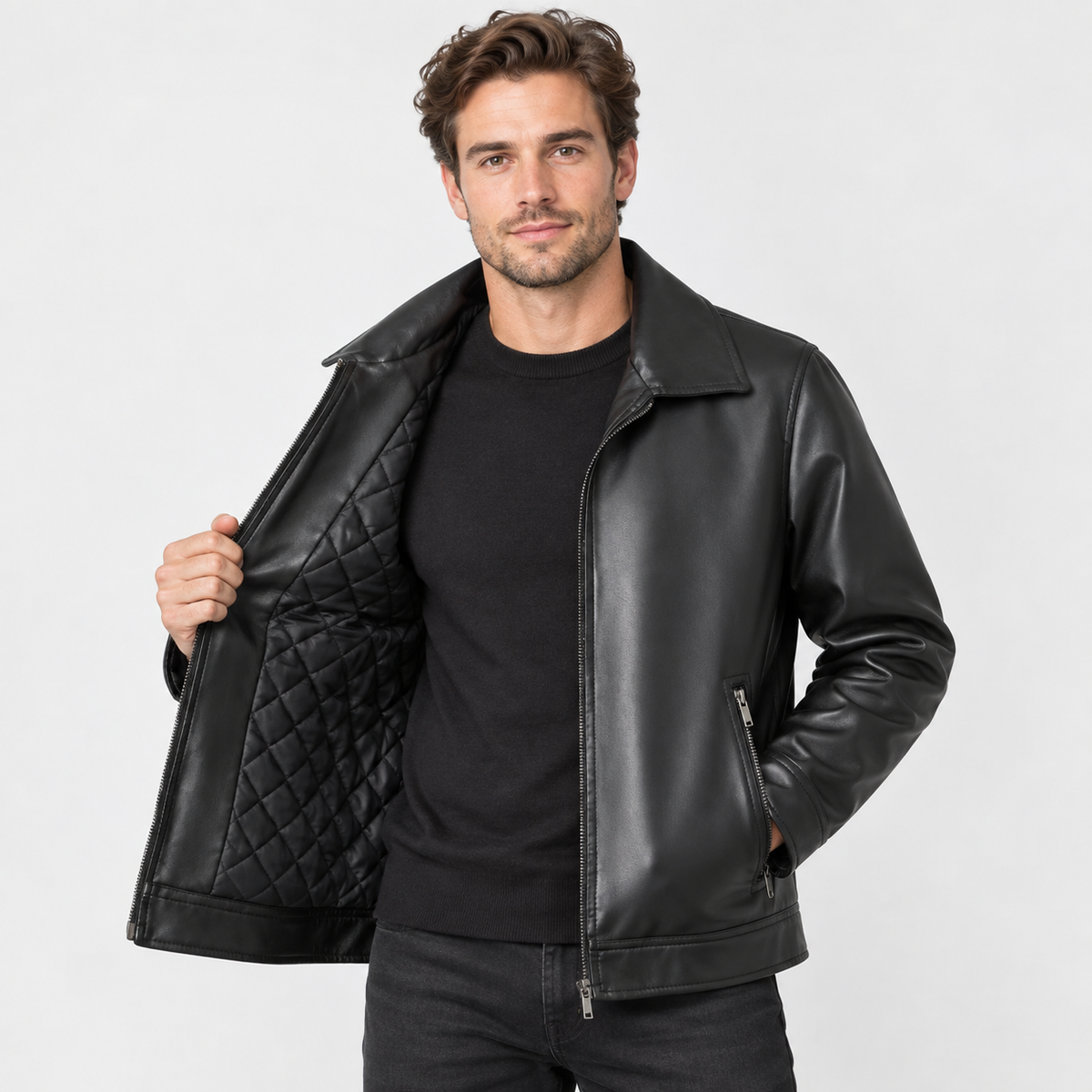 Men's Faux Leather Lapel Jacket - Slim Fit