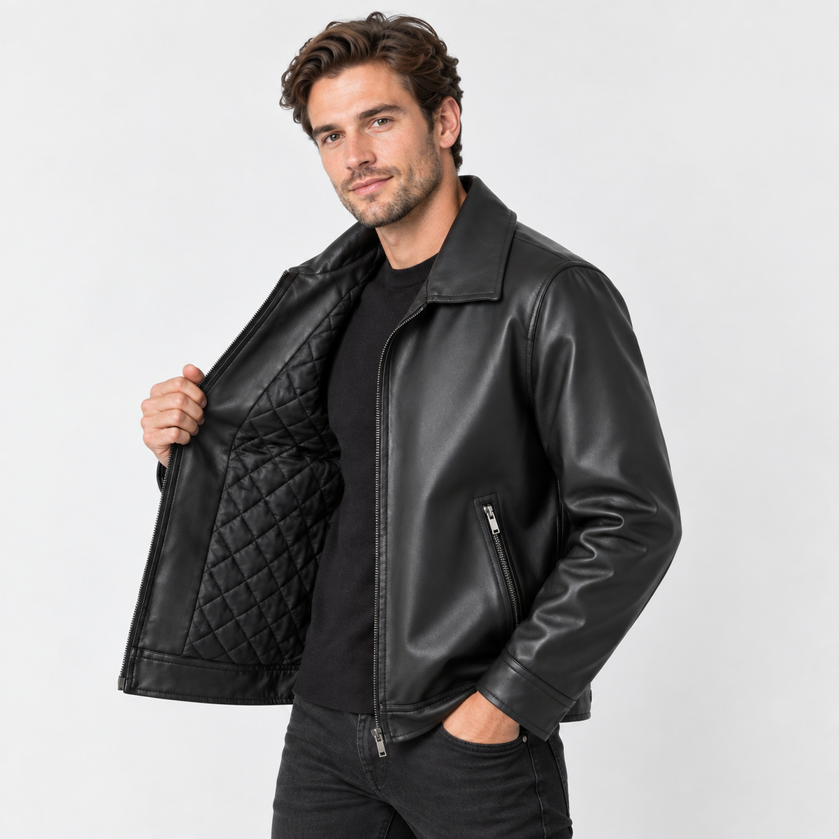 Men's Faux Leather Lapel Jacket - Slim Fit