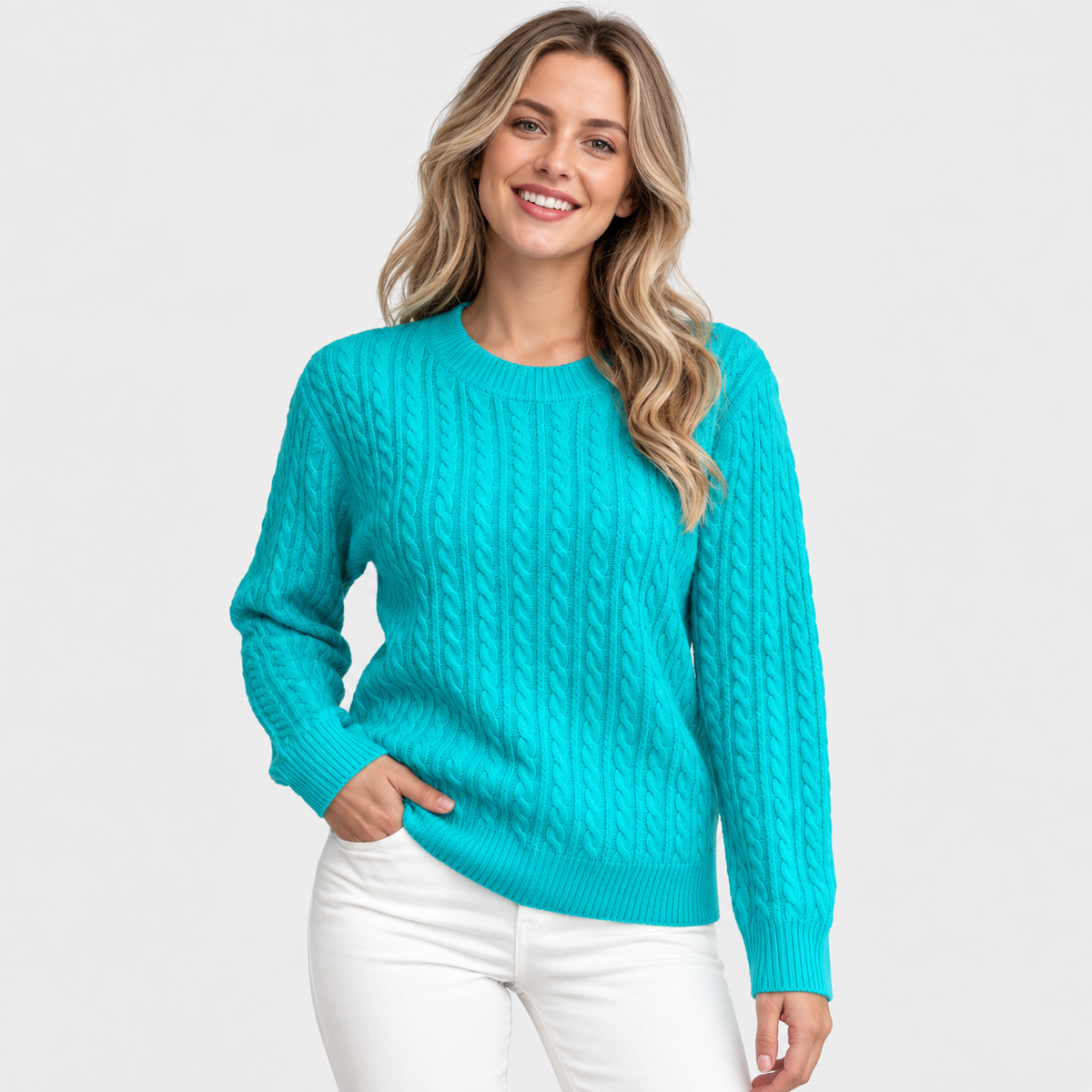 Women's Cable Knit Crew Neck Sweater - Long Sleeve