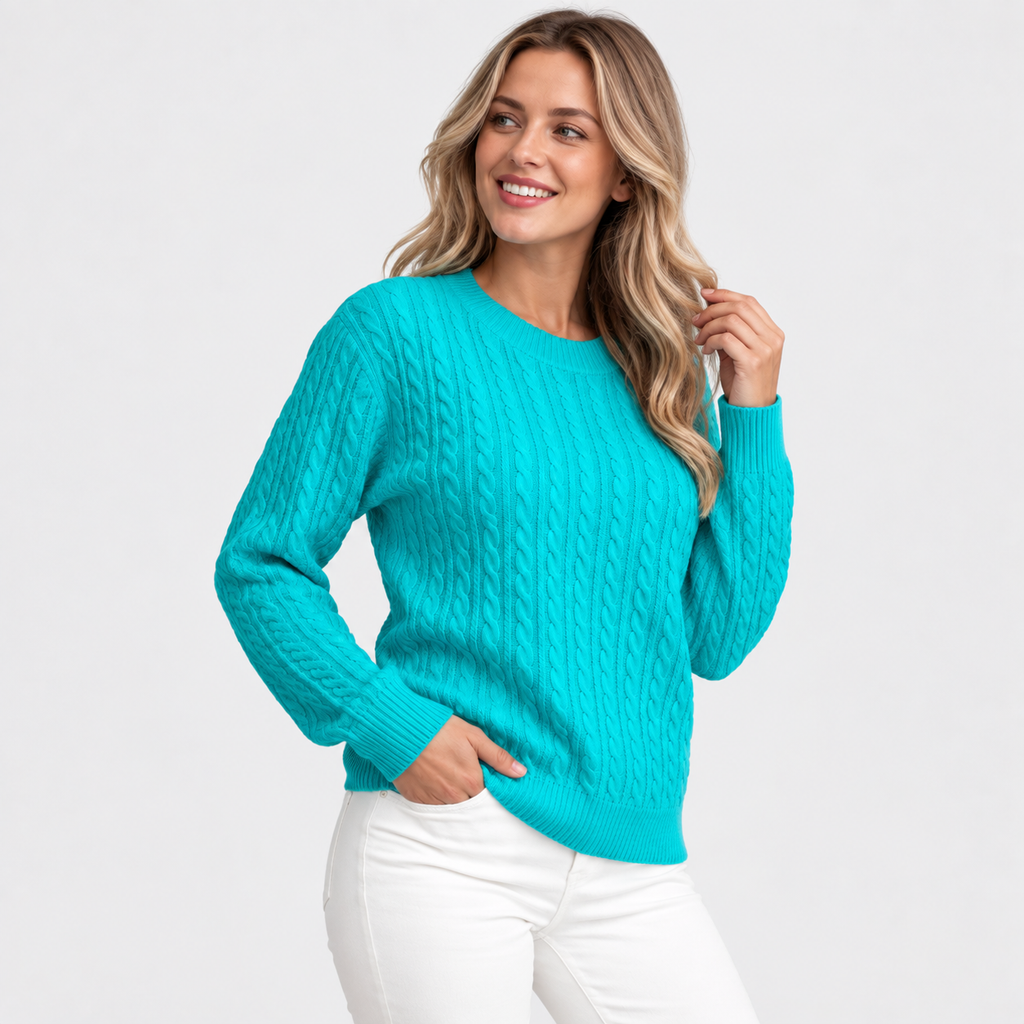 Women's Cable Knit Crew Neck Sweater - Long Sleeve
