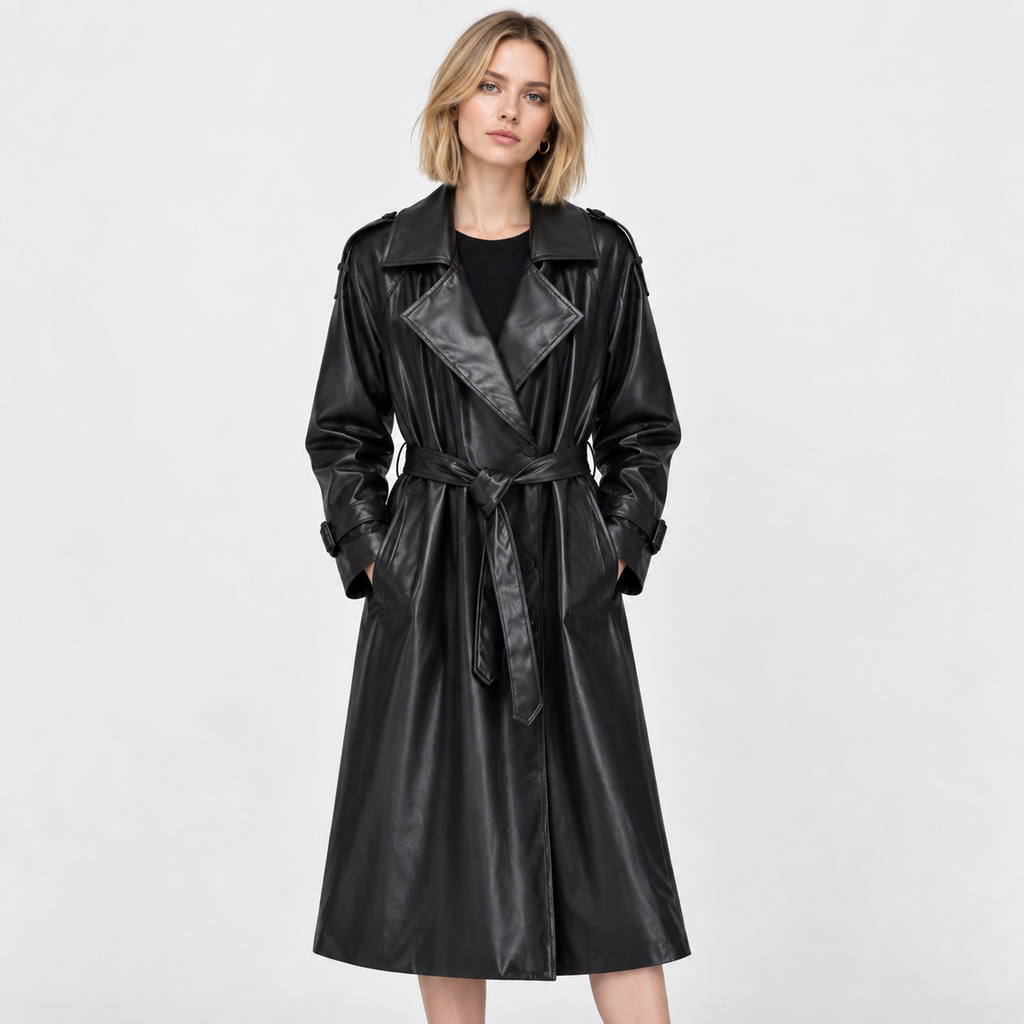 Women's Faux Leather Trench Coat - Belted Slim Fit