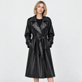 Women's Faux Leather Trench Coat - Belted Slim Fit