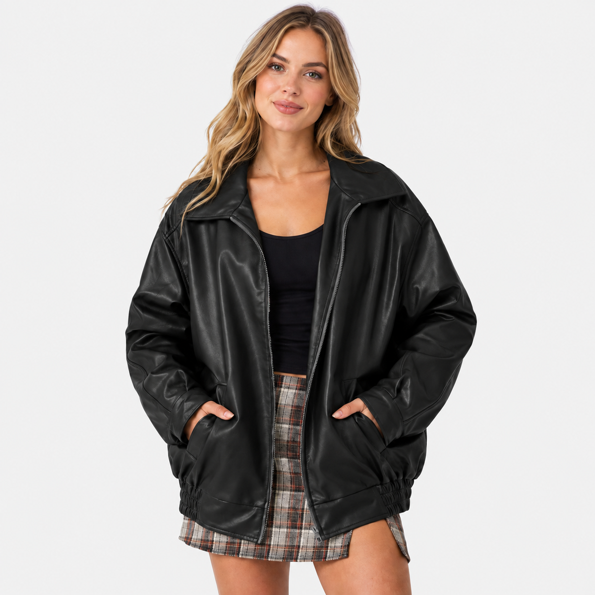 Women's Motorcycle Jacket - Faux Leather with Pockets