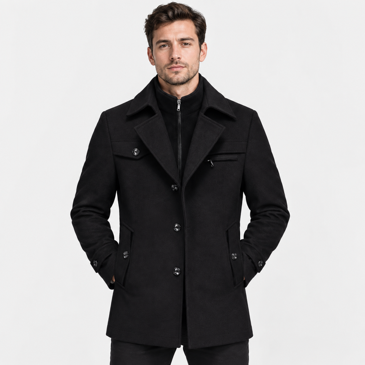 Men's Wool Blend Overcoat - Slim Fit Detachable Collar
