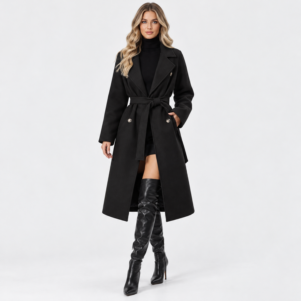 Women's Long Double Breasted Coat with Belted Waist