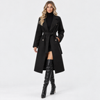 Women's Long Double Breasted Coat with Belted Waist