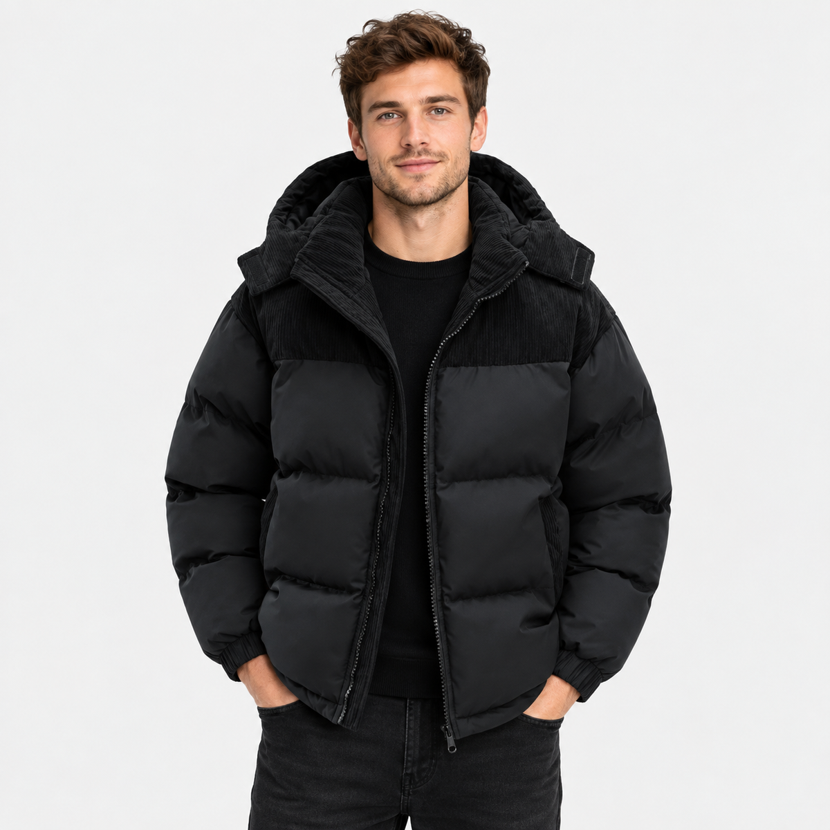 Men's Hooded Padded Winter Coat - Detachable Hood