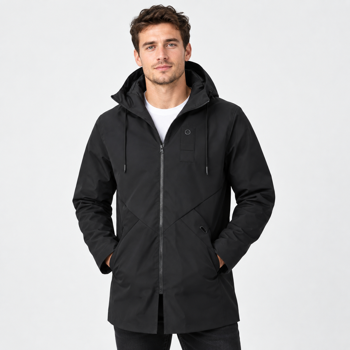 Men's Hooded Shell Jacket - Windproof Mid-Length Style