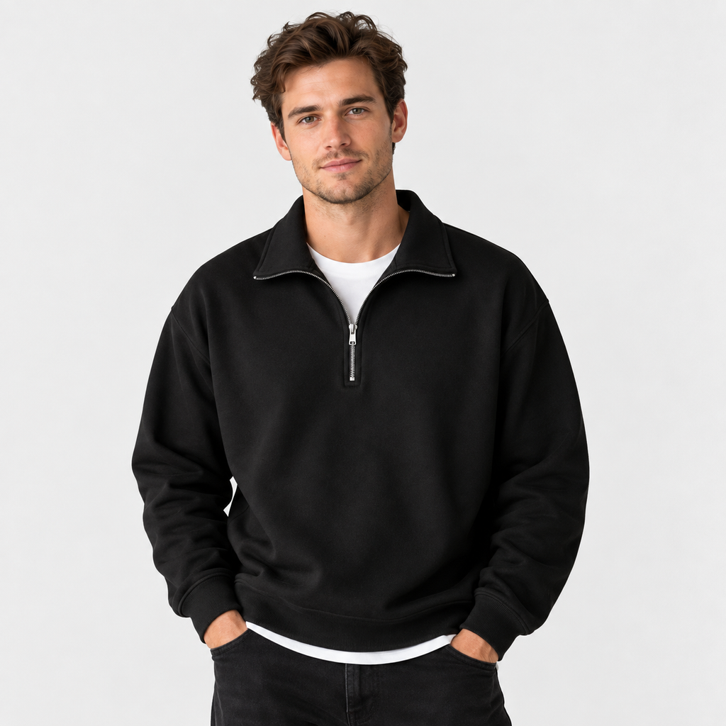 Men's Lapel Sweatshirt - Loose Fit with Side Pockets