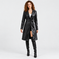 Women's Classic Faux Leather Trench Coat with Belted Waist