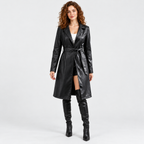 Women's Classic Faux Leather Trench Coat with Belted Waist