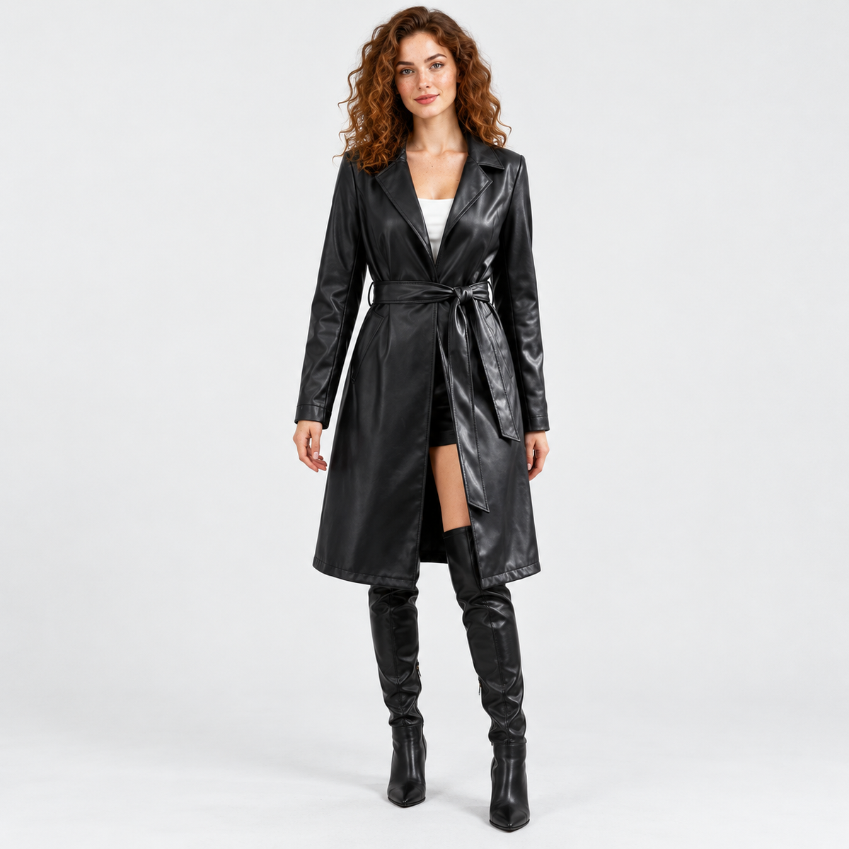Women's Classic Faux Leather Trench Coat with Belted Waist