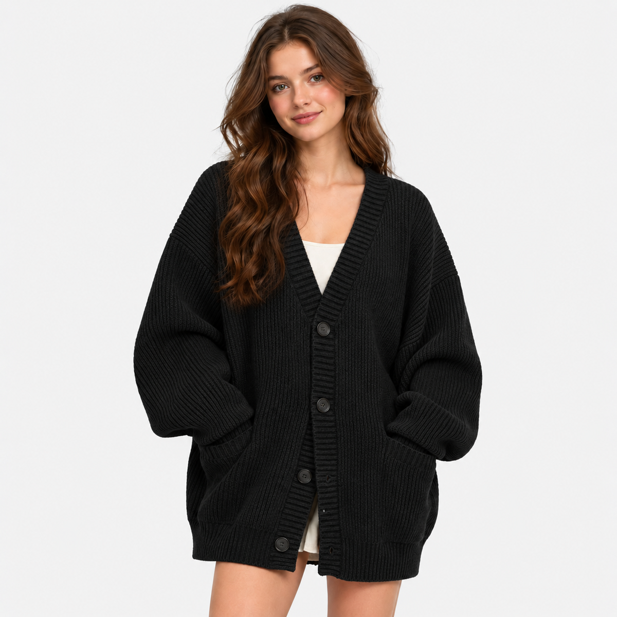 Women's Loose Knit Cardigan Jacket - Button Front