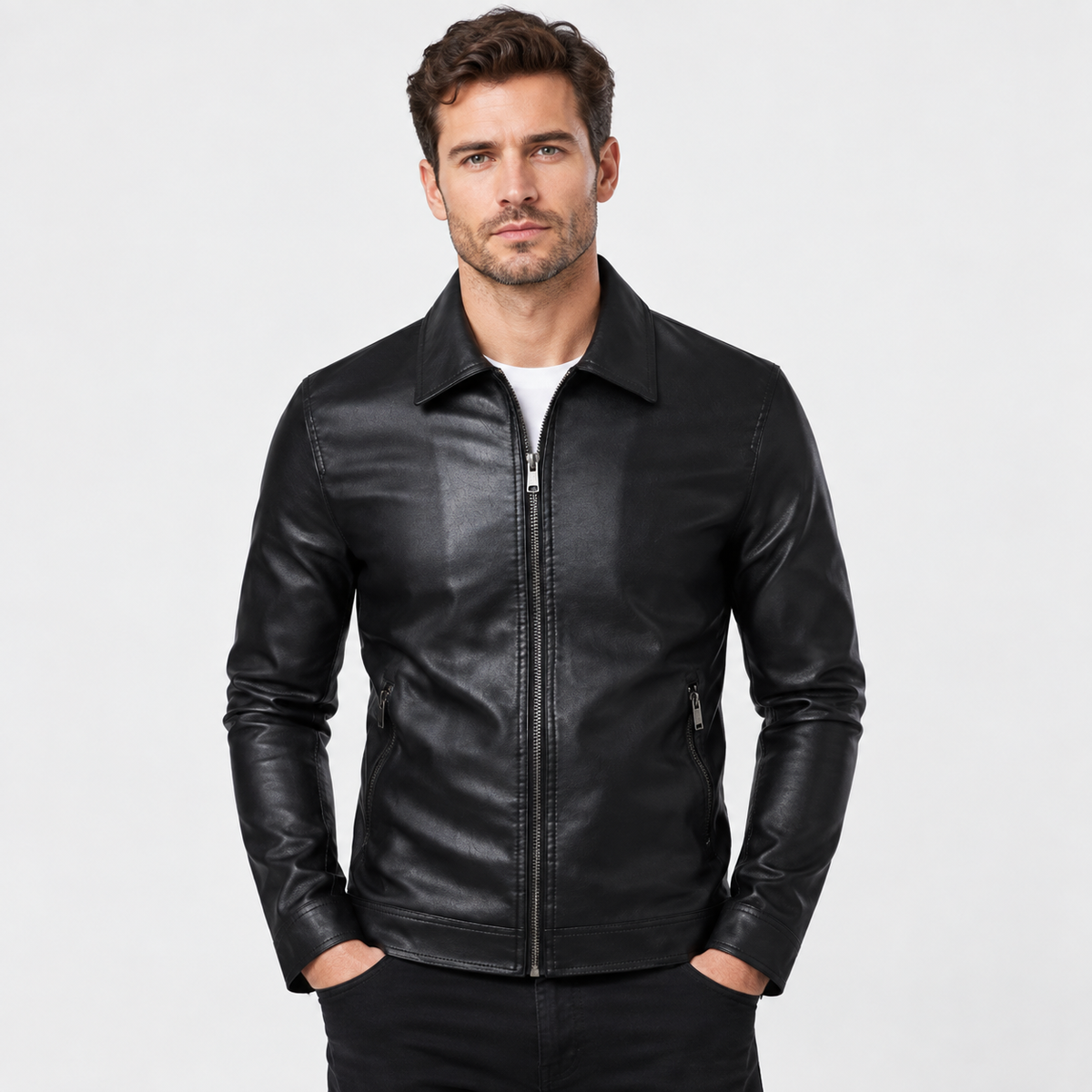 Men's Faux Leather Lapel Jacket - Slim Fit