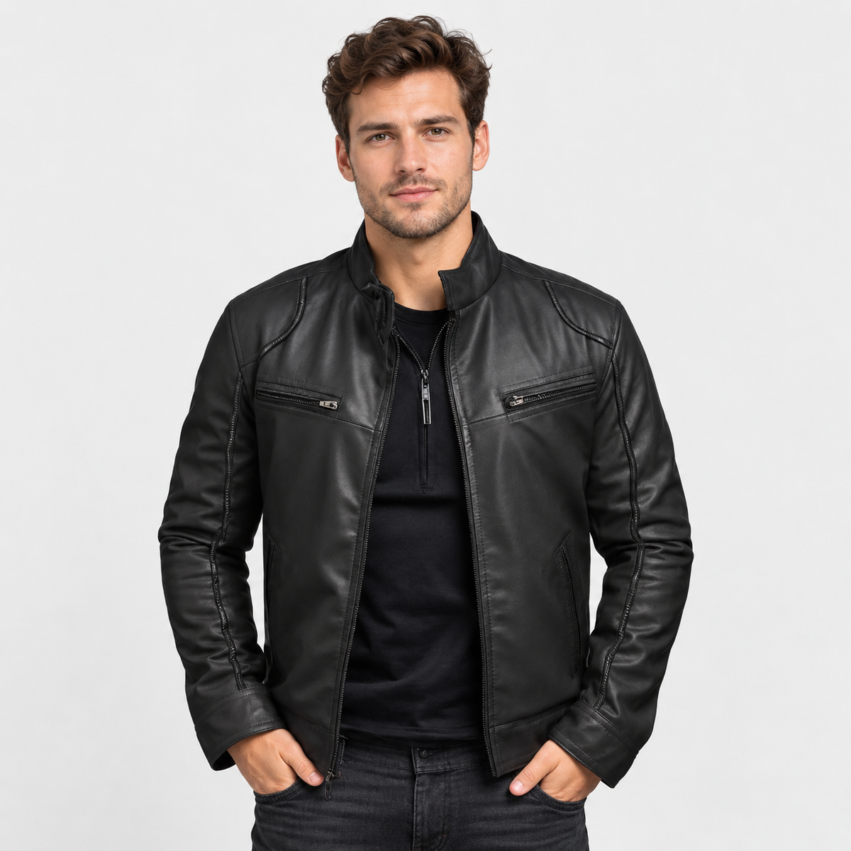 Men's Faux Leather Moto Jacket - Stand Collar