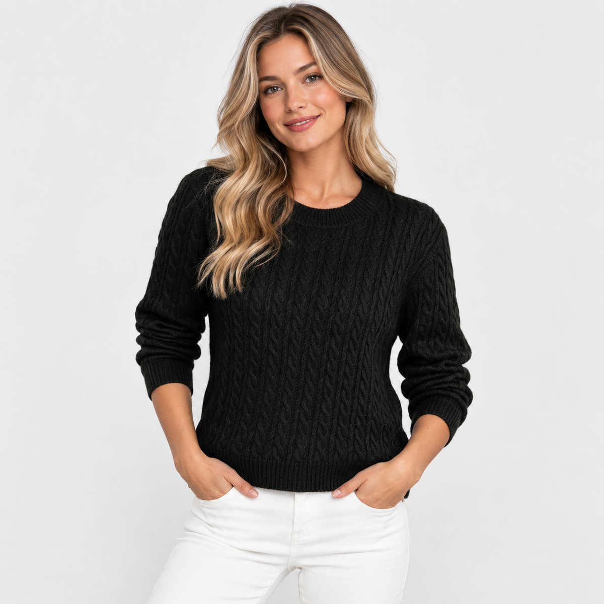 Women's Cable Knit Crew Neck Sweater - Long Sleeve
