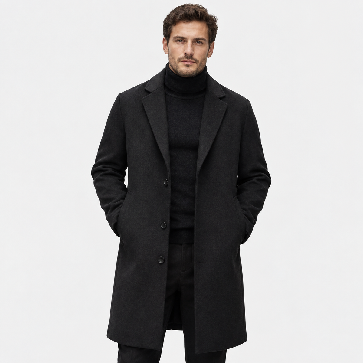 Men's Long Wool-Look Coat - Slim Fit Classic Style
