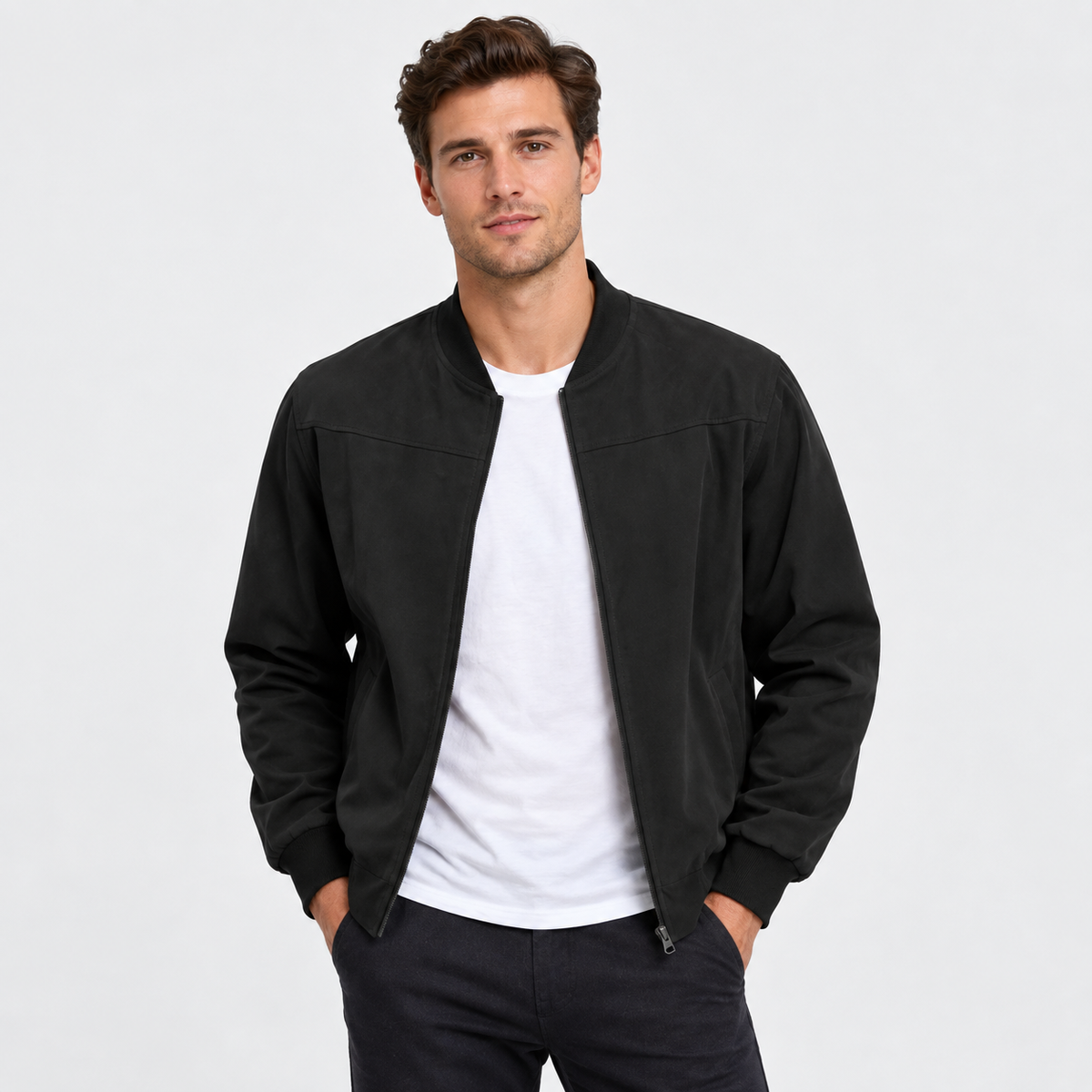 Men's Suede-Style Zip Top - Stand Collar Long Sleeve
