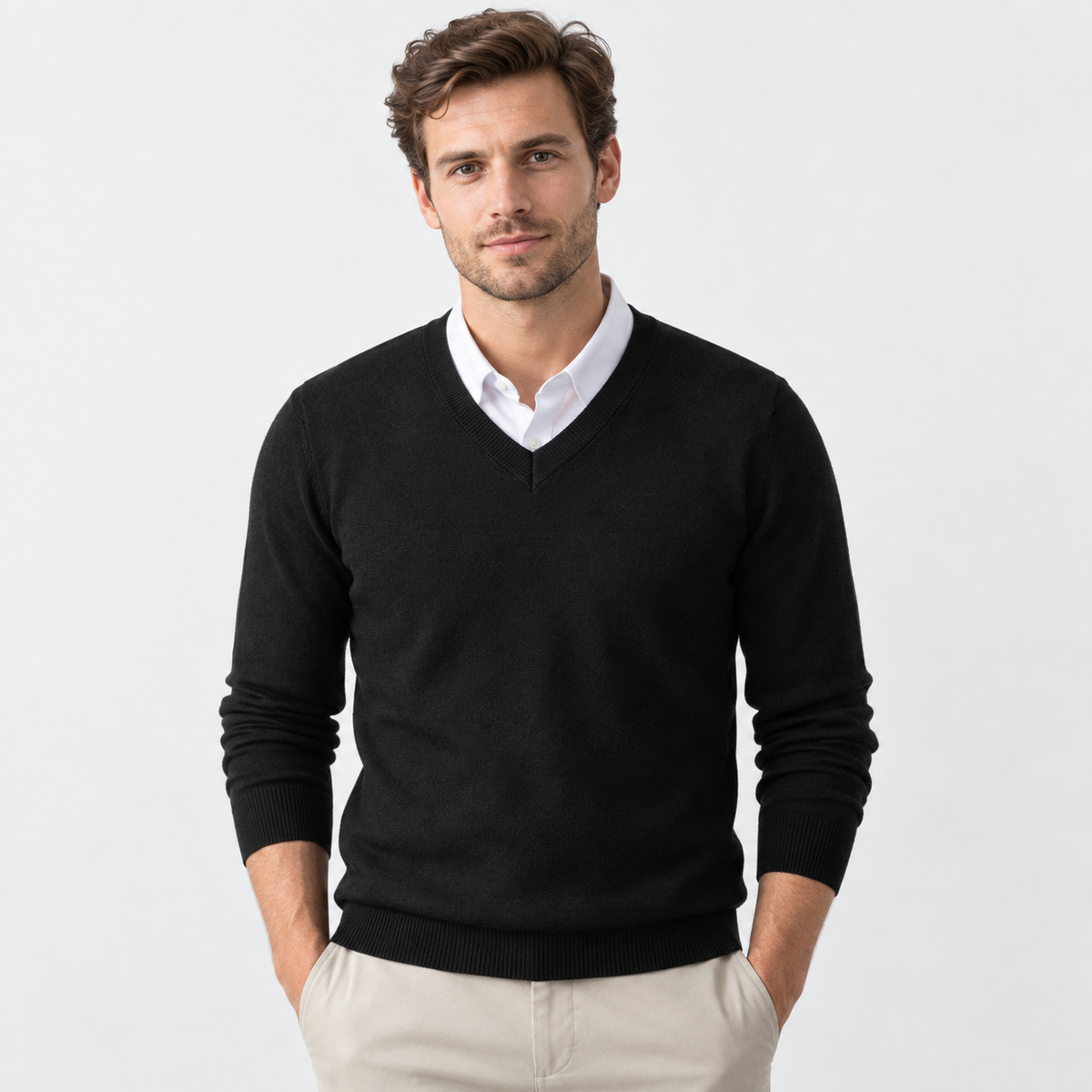 Men's V-Neck Pullover Sweater - Long Sleeve
