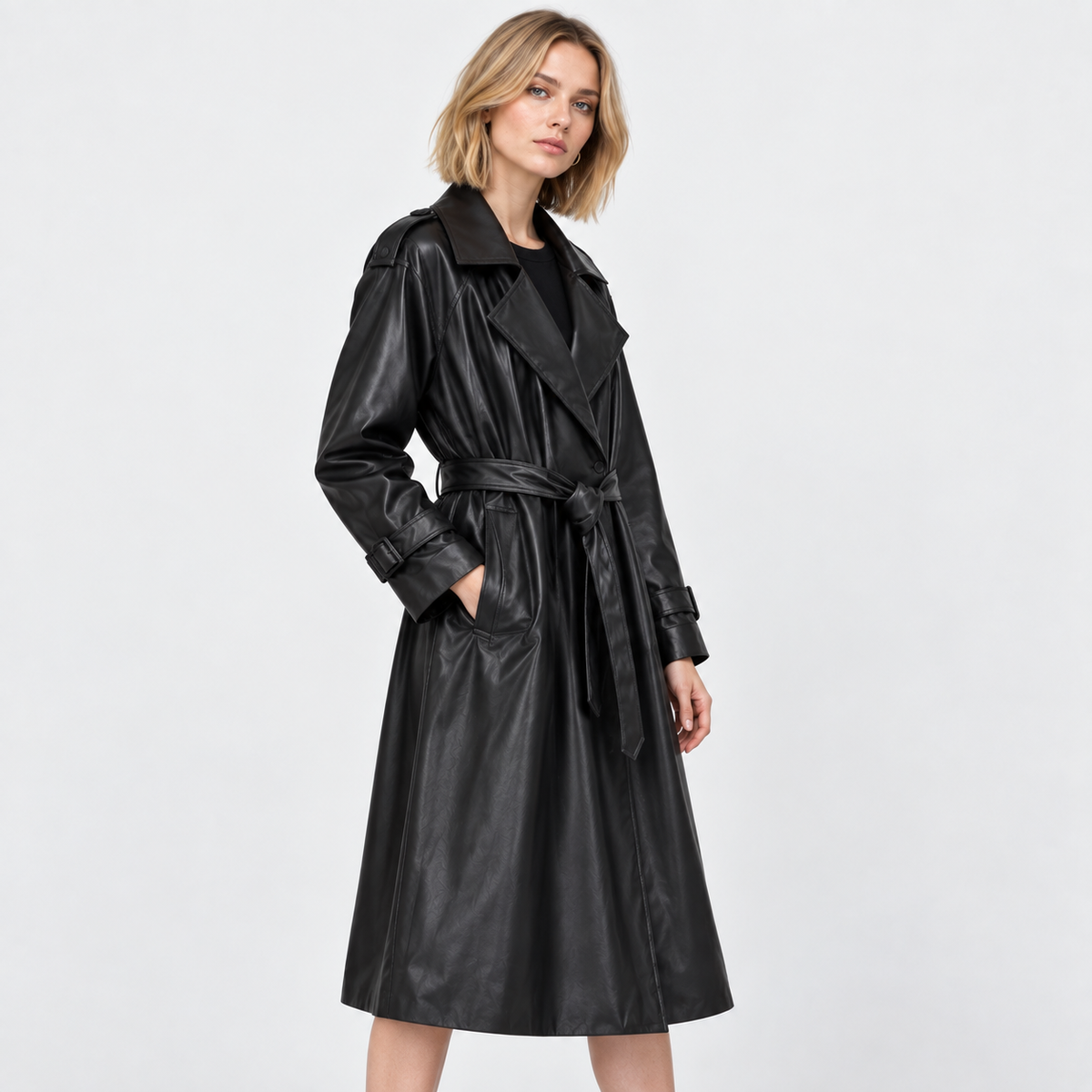 Women's Faux Leather Trench Coat - Belted Slim Fit