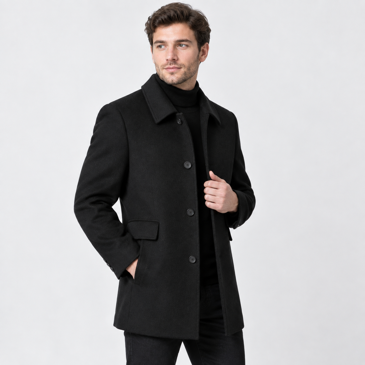 Men's Mid-Length Lapel Coat - Loose Fit Solid Color