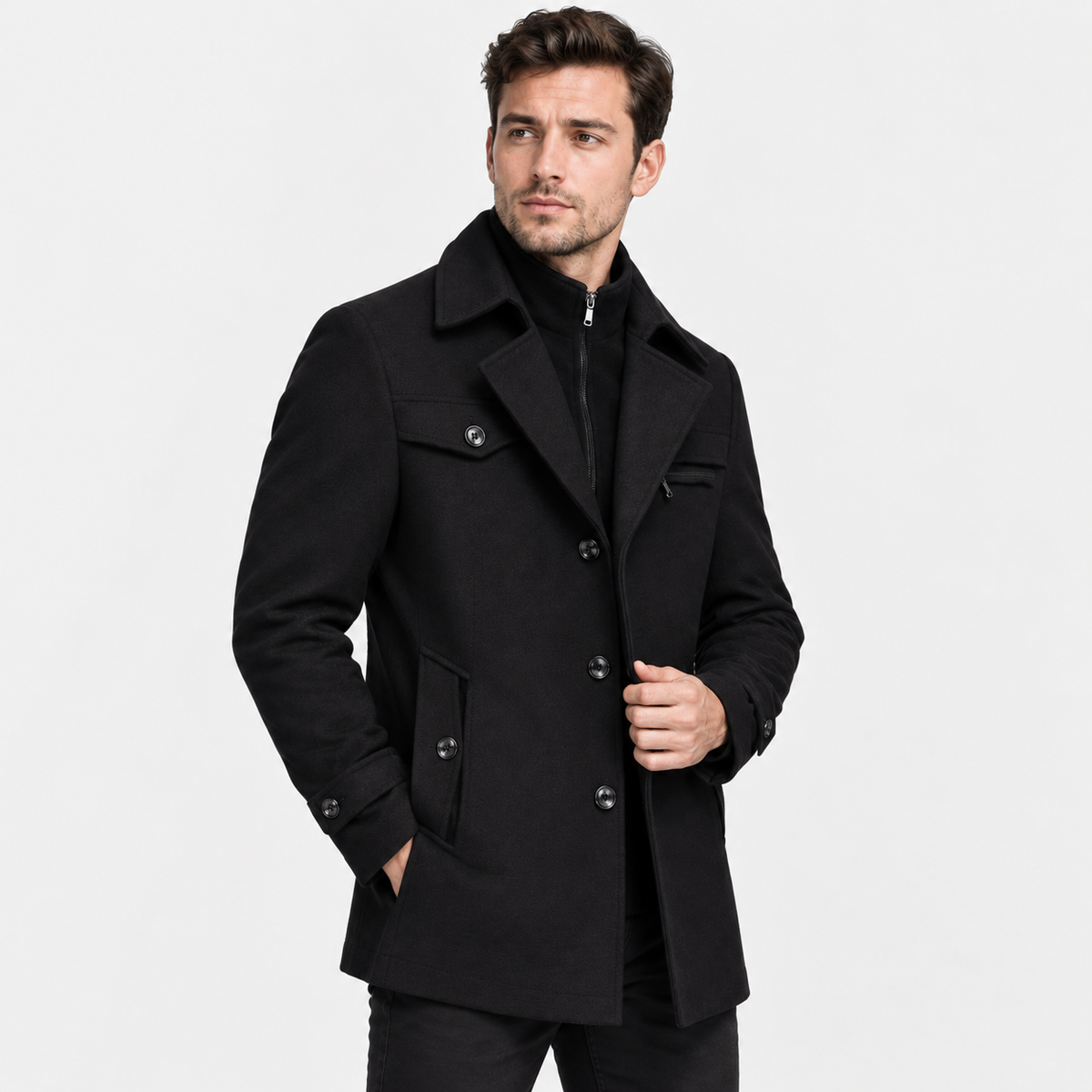 Men's Wool Blend Overcoat - Slim Fit Detachable Collar