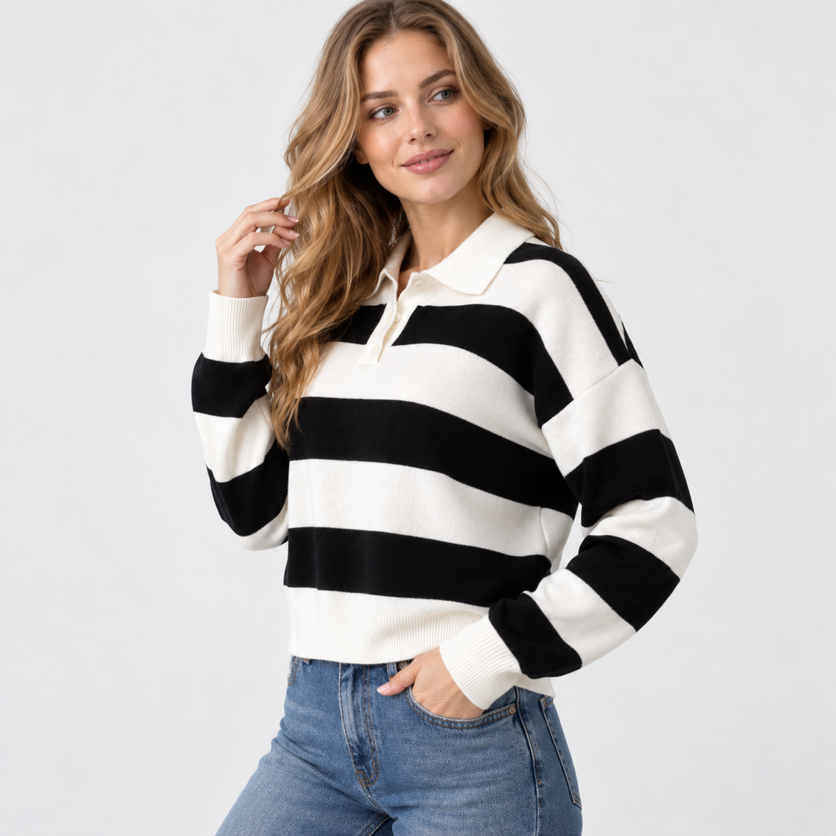 Women's Striped Half-Zip Sweater - Viscose Knit
