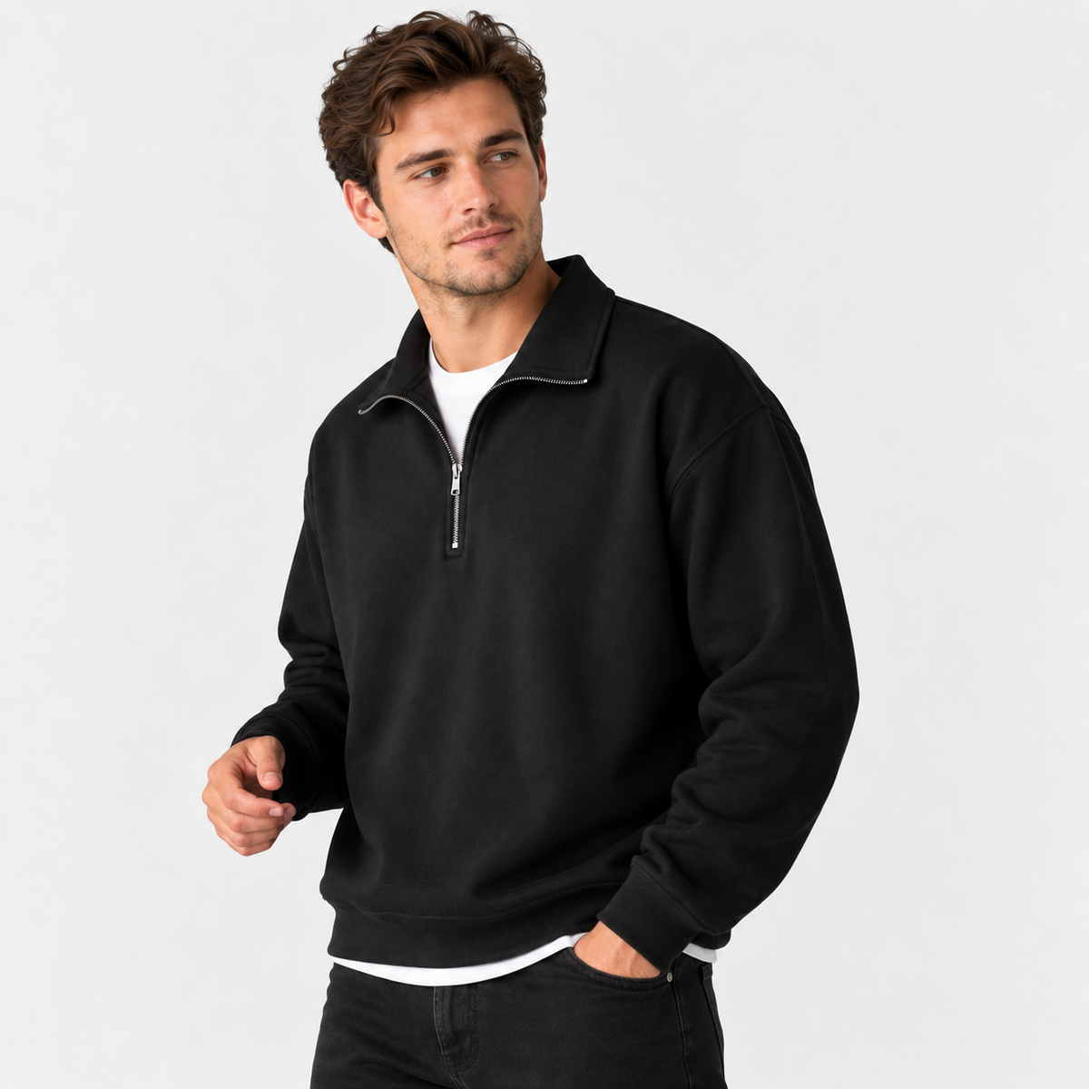 Men's Lapel Sweatshirt - Loose Fit with Side Pockets