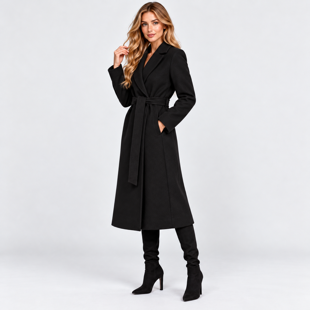 Women's Long V-Neck Coat with Lace-Up Waist