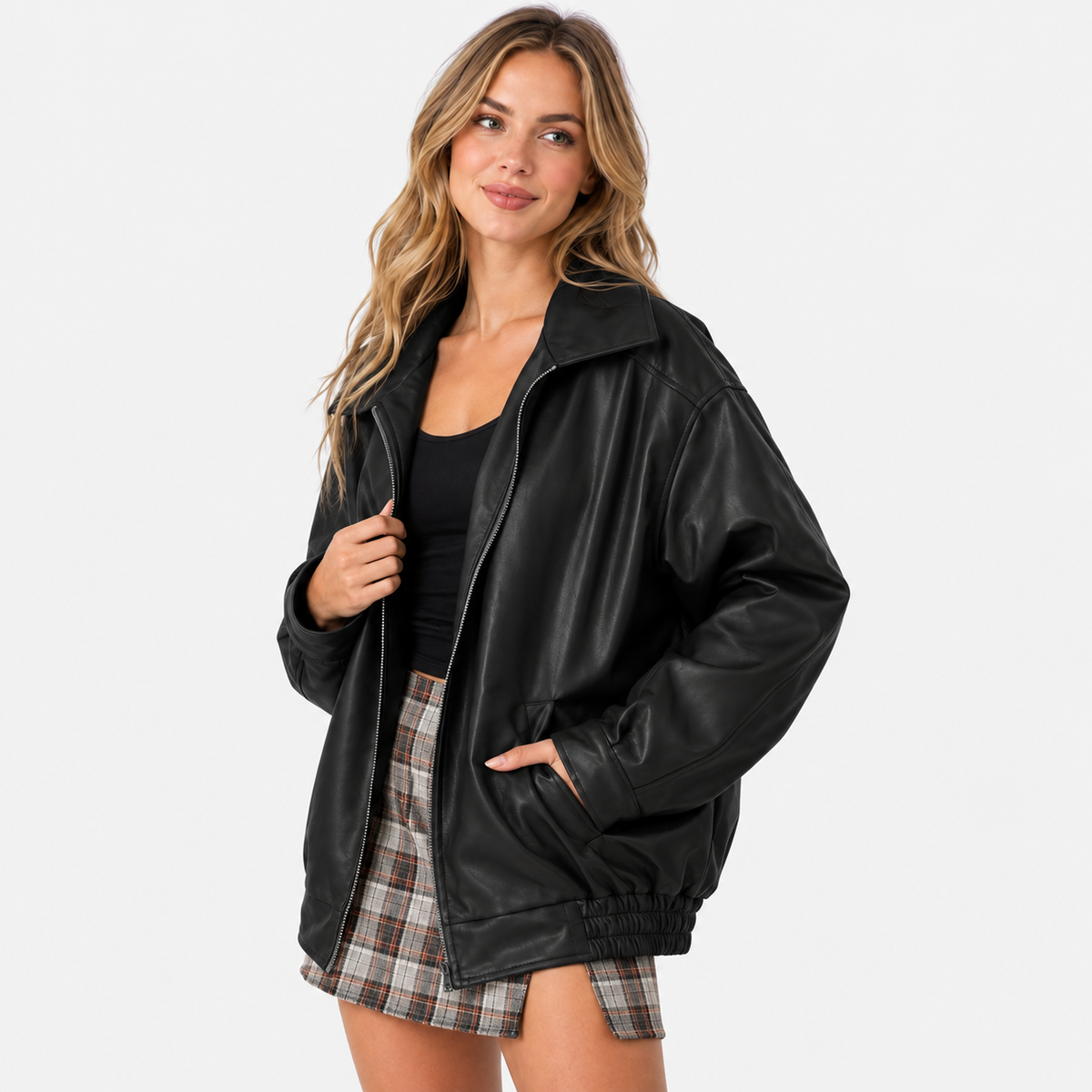 Women's Motorcycle Jacket - Faux Leather with Pockets