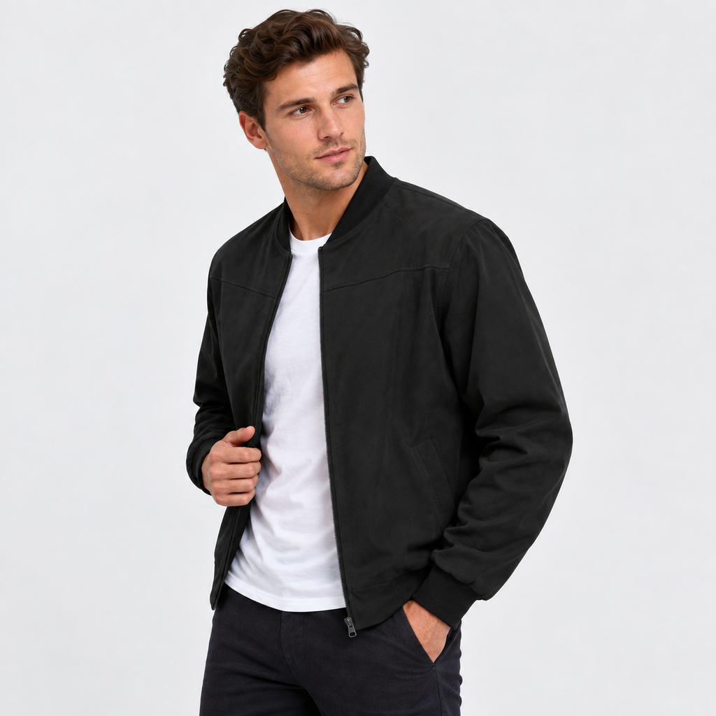 Men's Suede-Style Zip Top - Stand Collar Long Sleeve