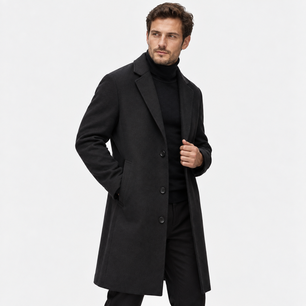 Men's Long Wool-Look Coat - Slim Fit Classic Style