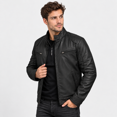 Men's Faux Leather Moto Jacket - Stand Collar