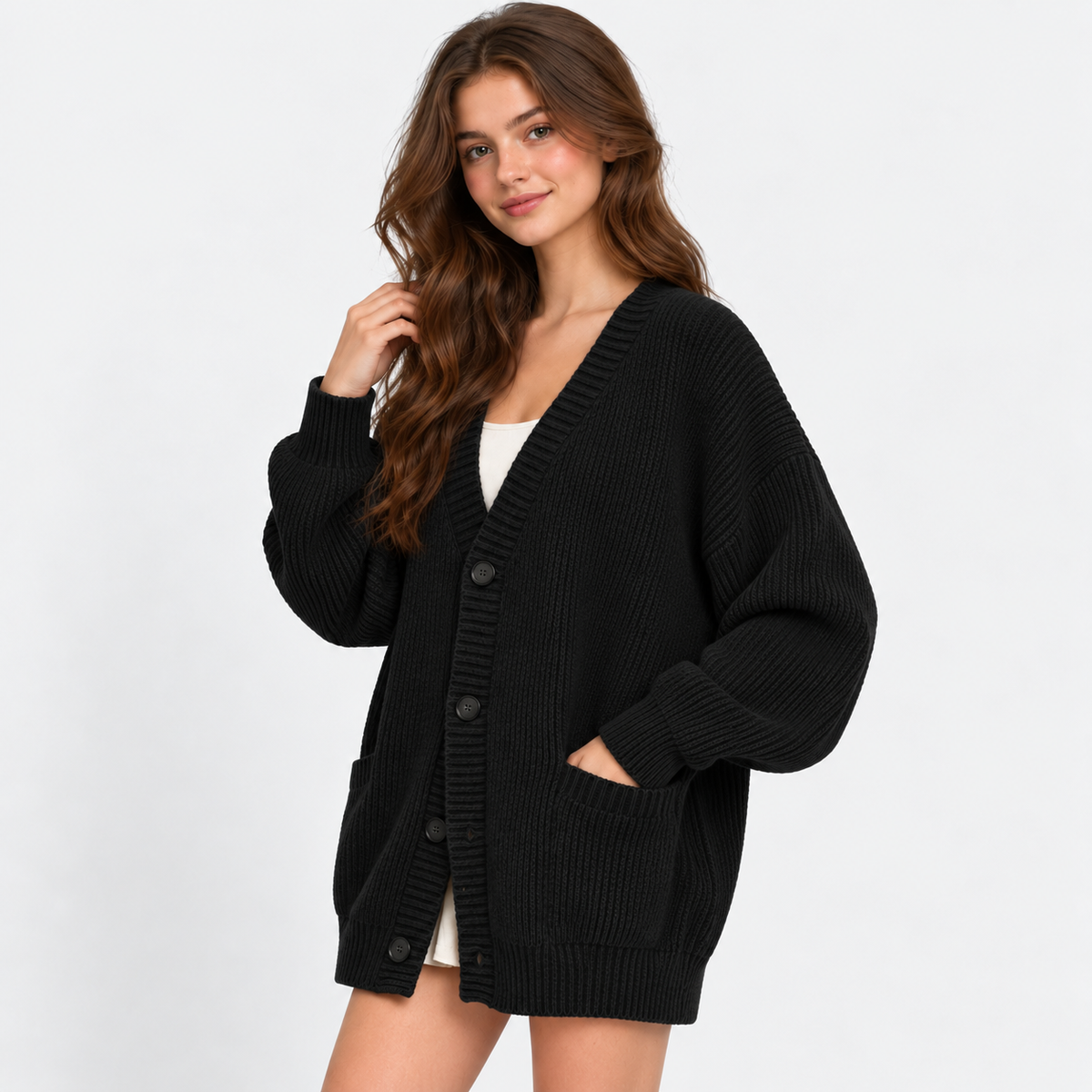 Women's Loose Knit Cardigan Jacket - Button Front