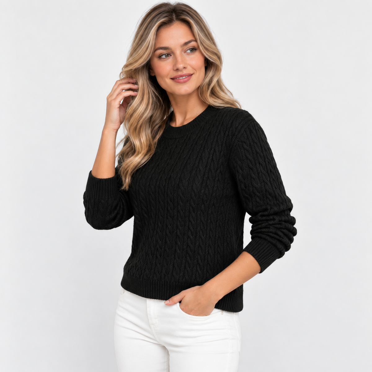 Women's Cable Knit Crew Neck Sweater - Long Sleeve