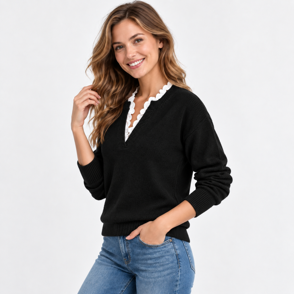 Women's V-Neck Lace Sweater - Long Sleeve Pullover