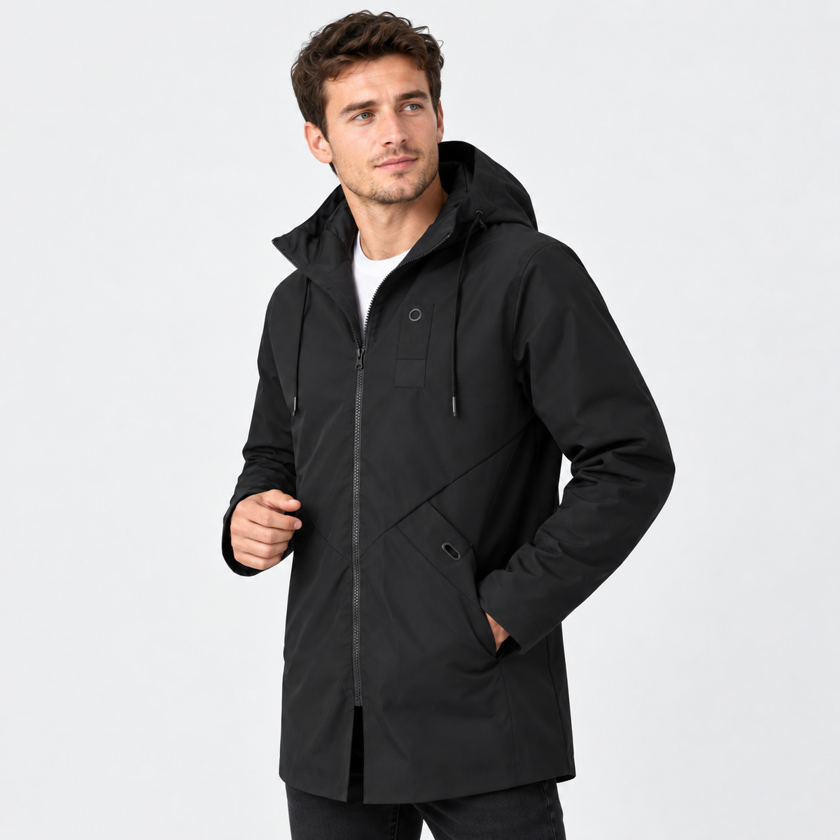 Men's Hooded Shell Jacket - Windproof Mid-Length Style